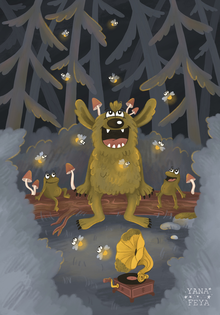 Мечтательный грибной монстрик с лягушками