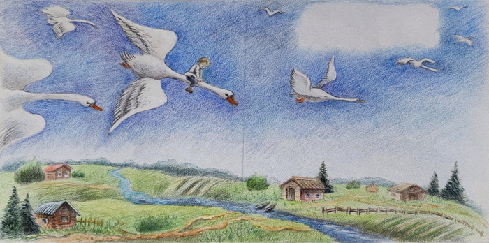 Разворотная иллюстрация. Гуси-лебеди