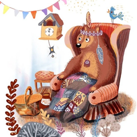 Медведь вождь Бенджамин, после сбора урожая, в кресле с лоскутным одеялом