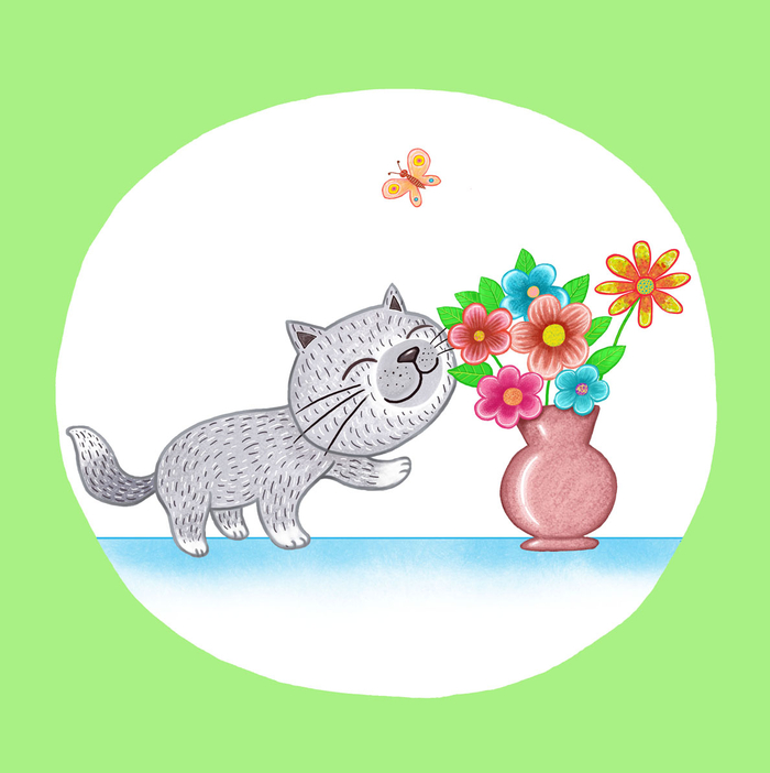 Cat smells the flowers 