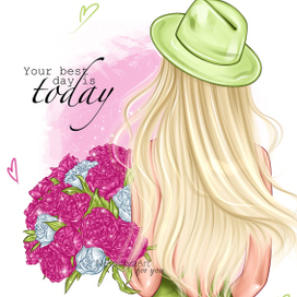 print blonde in a green hat and a dress with flowers peonies back