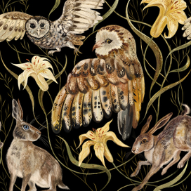 Бесшовный паттерн с кроликами и совами