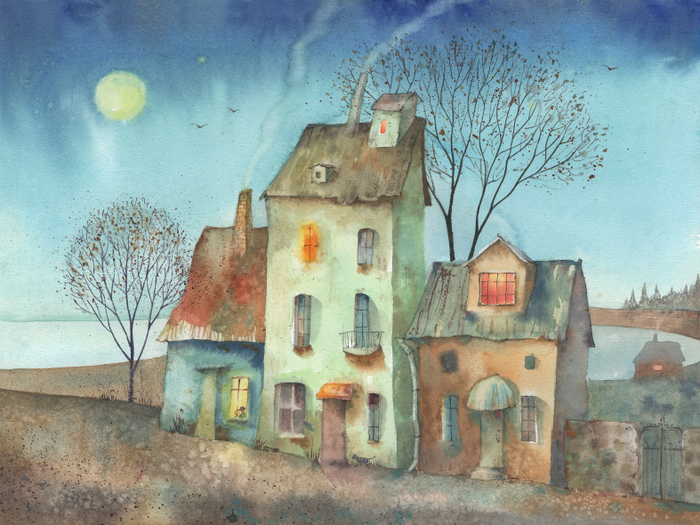 Старый город у моря. Акварель.