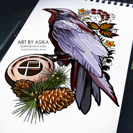 Ворон, эскиз тату, неотрад. Crow, Raven, Neotrad, Tattoo sketch, tattoo flash