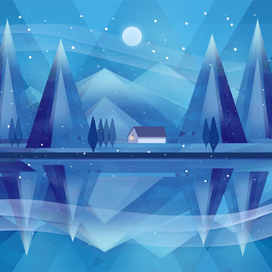 Ночь на озере. Иллюстрация. Цифровая живопись