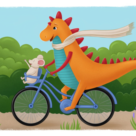 Динозавр и мышонок катаются на велосипеде
