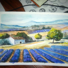 Лавандовые поля Франции/Акварель