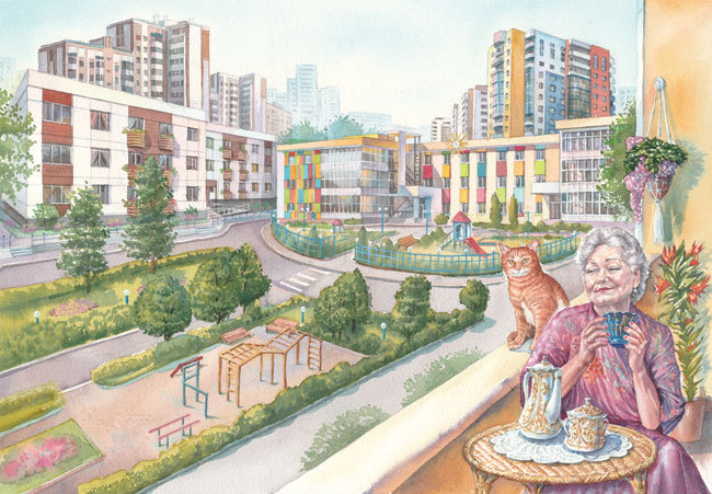 Чаепитие на балконе. Иллюстрация для строительной компании