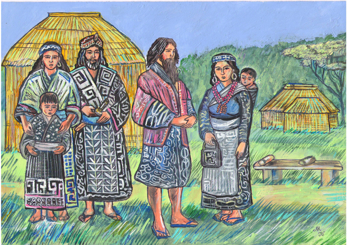 Иллюстрация. Айны (Айну).Серия:Коренные народы Севера, Сибири и Дальнего Востока. Формат А-4.Бумага,акрил, темпера,кисть.Художник Марат Брызгалов.