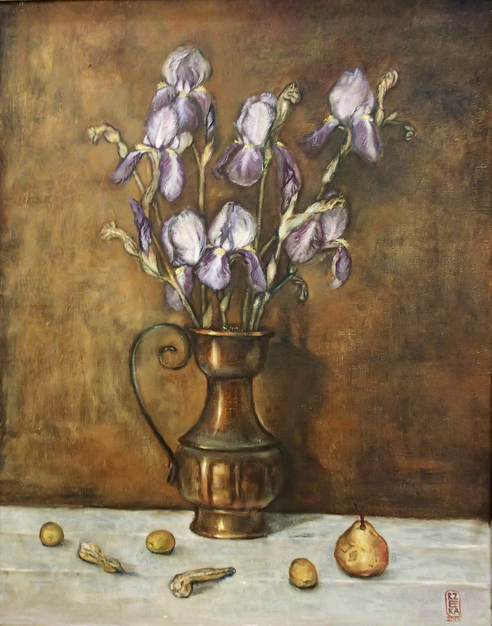 ирисы в медном кувшине