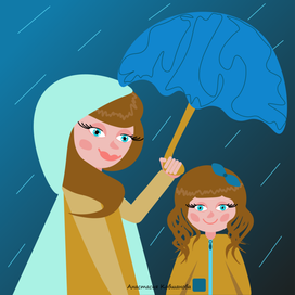 Мама и дочь под зонтом