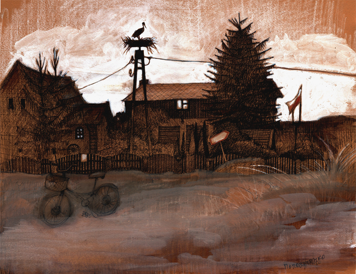 Гнездо аиста в лучах заходящего солнца.