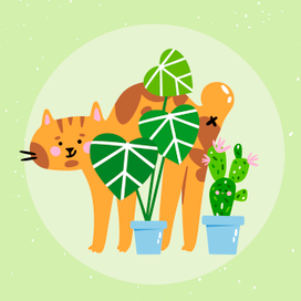 Children's vector book illustration. Sticker cat with plants.