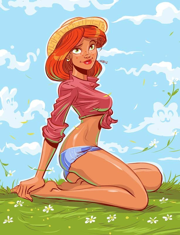 Рыжая милая тяночка на лугу