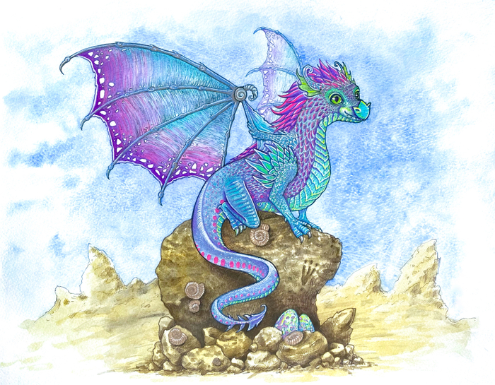 Цветной и добрый дракон. Иллюстрация акварелью 