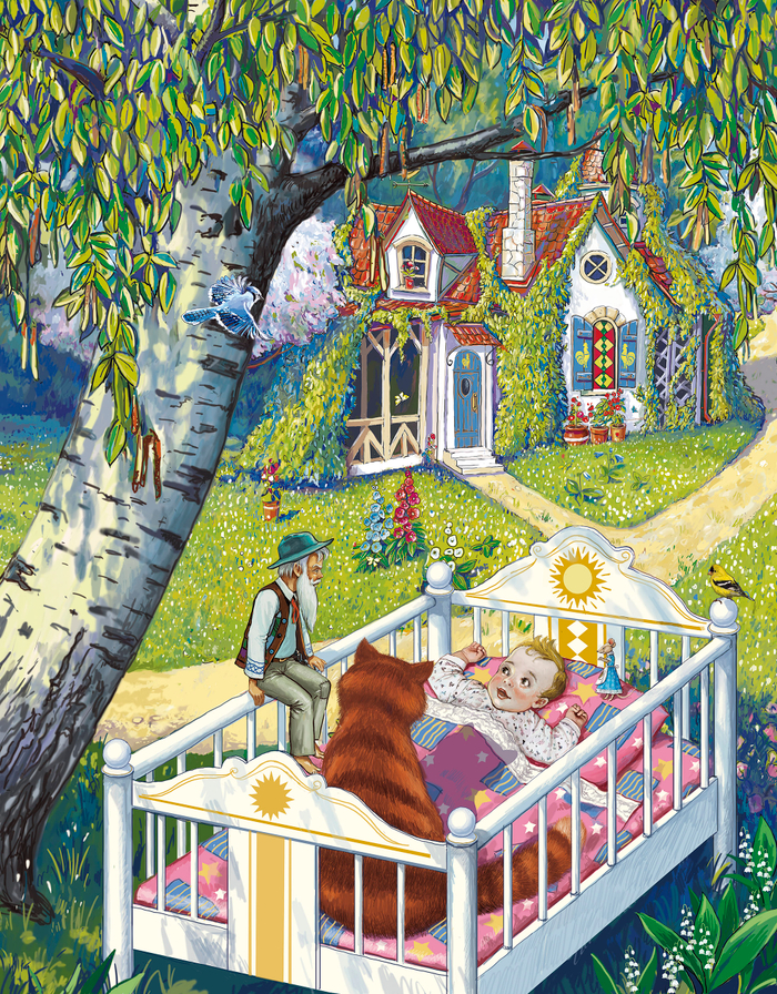 Ребенок в кроватке под берёзой.