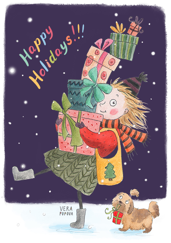 Новогодняя открытка девочка с собачкой и разноцветными подарками