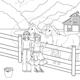 Иллюстрация для подростковой раскраски с девочками и лошадьми! 