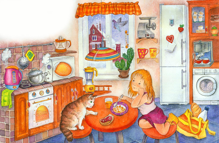 Иллюстрация к детской энциклопедии техники. Девочка на кухне