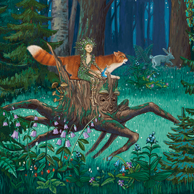 Лесовичок, кот и мышка Аришка скачут на пеньке.