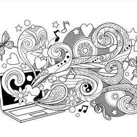 doodle style laptop,zen art, coloring page for adult