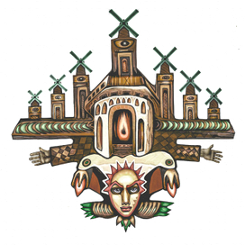 Элемент оформления. Летящий городок с мельницами и ангелом.