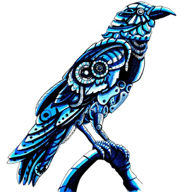 Стимпанк стиль. Ворон. Иллюстрация акварелью и линерами