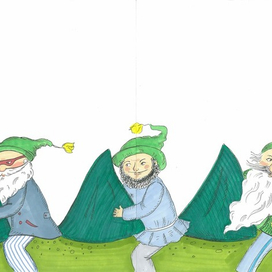 гномы, верхом на динозаврике, собираются в полет