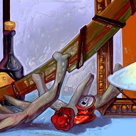 натюрморт с рогами, лампой и бутылкой