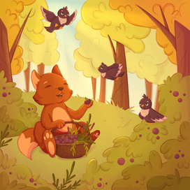 Лисенок собирает лесные травы и ягоды