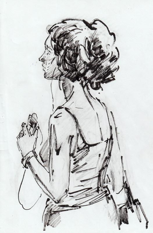 Слушает музыку. Набросок по памяти