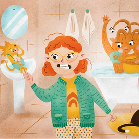 Детская книжная иллюстрация с девочкой и воображаемыми персонажами 