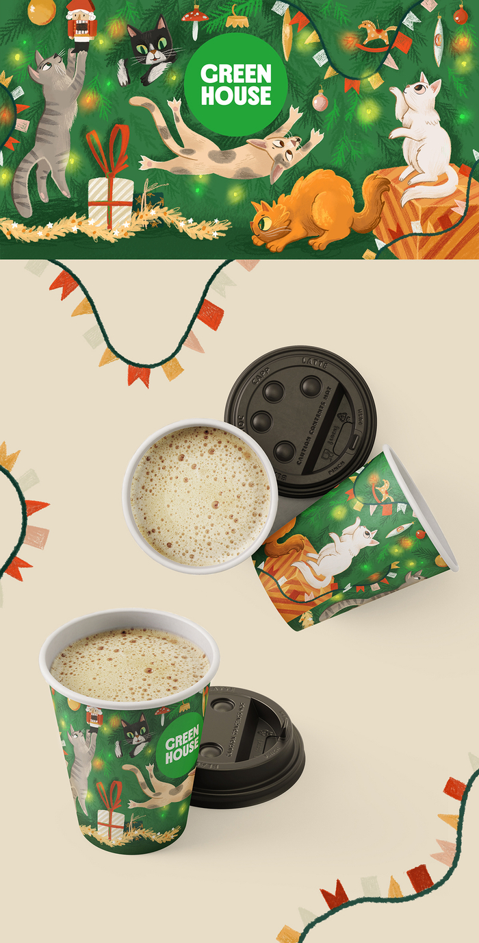 Дизайн бумажного стаканчика "елочные коты"