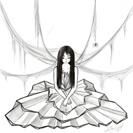 Вдруг вижу - от самых плеч моего бумажного платья паутинки, зыблясь, растут