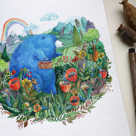 Синий медведь забрался в малинник