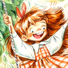 Девочка на качелях в яблонах