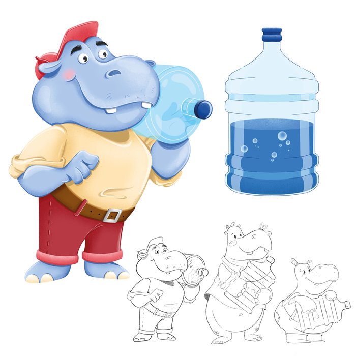 Иллюстрация Бегемот доставщик воды
