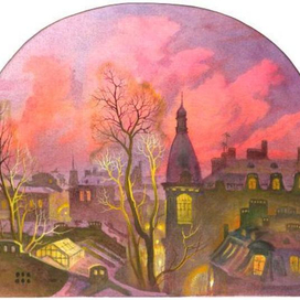 Город  на фоне закатных облаков