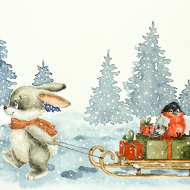 Зайка и снегирь на санках