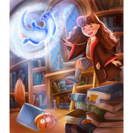 Гермиона колдует в библиотеке