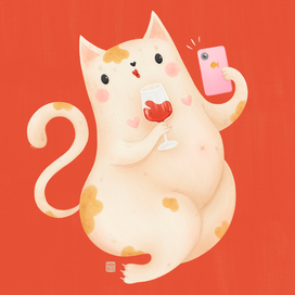 Кошка и вино персонаж для открытки - Masha BGD