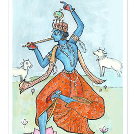 Кришна в танце, рисунок на основе индийского изображения