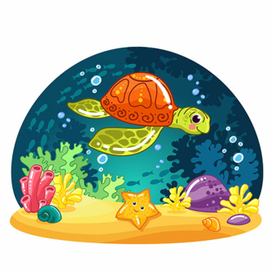 Векторная детская иллюстрация. Подводный мир, животные, черепаха.