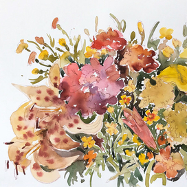 Букет с бархатцами и лилиями 