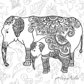 Слониха со слоненком. Раскраска. Вектор