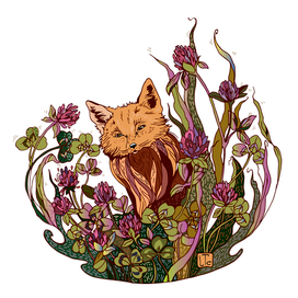 Лисенок и клевер Векторный принт.