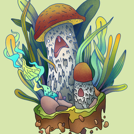 Грибные стикеры: подосиновик, боровик, поганки, 