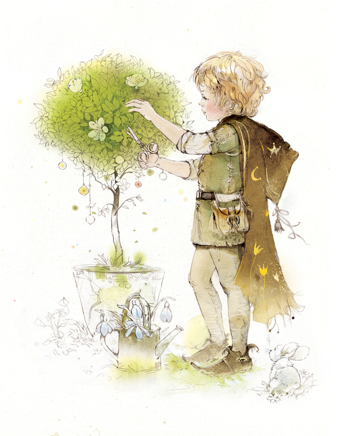 масенький садовник стрижет дерево