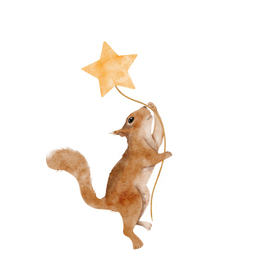 Детская иллюстрация белочки летящей на звезде 