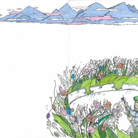 гномы создают кровать из цветов в поле на закате